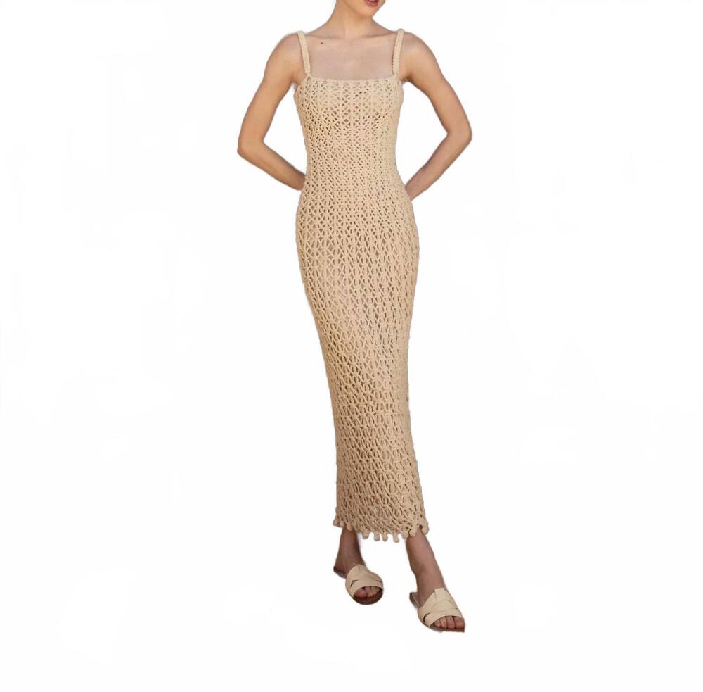 NEW ANDRES OTALORA poesia quieta hand knit macrame maxi dress in oatmeal